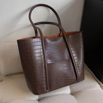 Imane | Vintage Shoulder Bag in Brown Leather with Croc Embossing